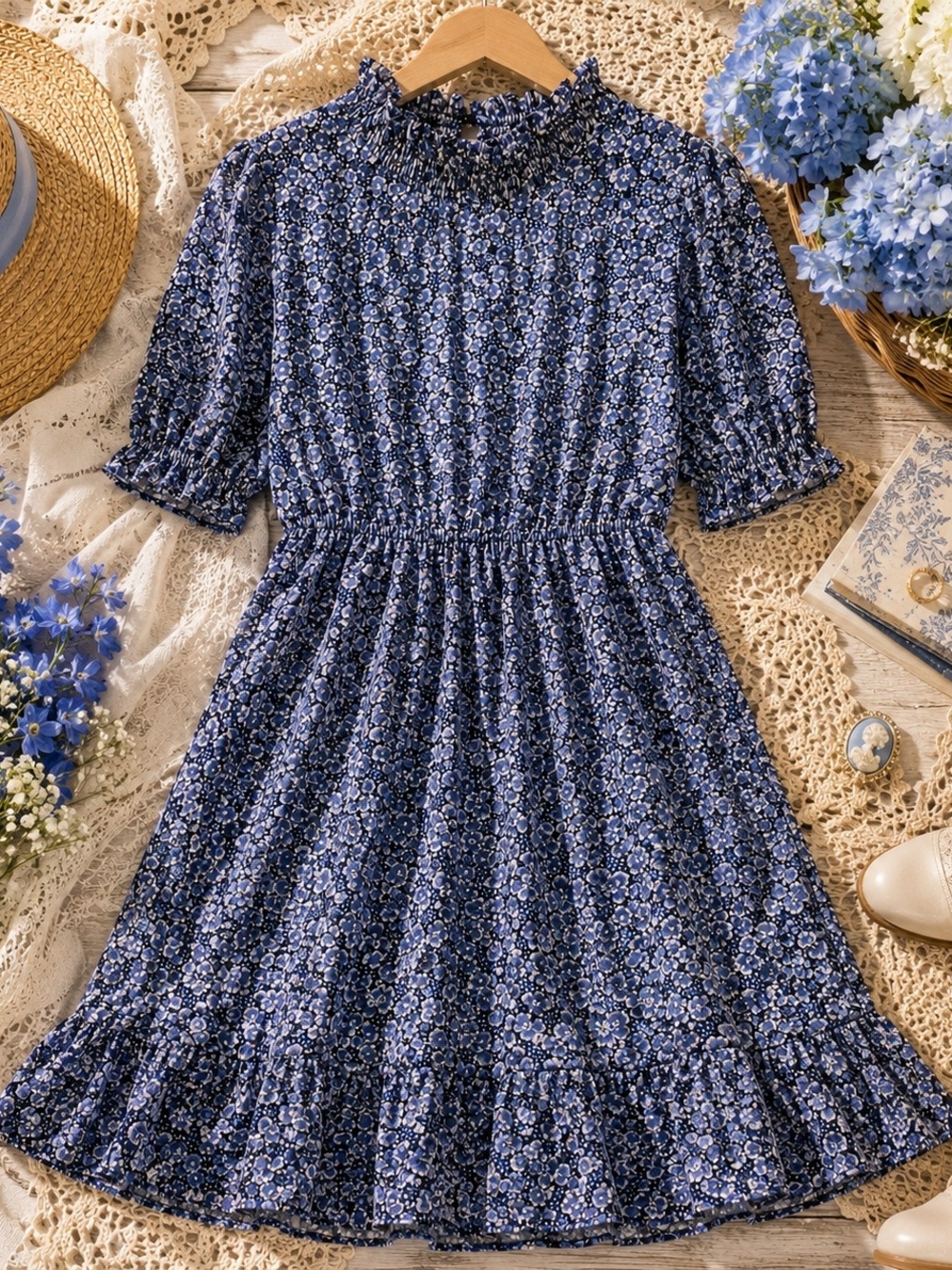 Hayden Prairiecore Blue Floral Smocked Midi Dress L